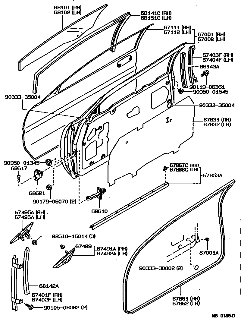 Toyota COROLLA 前门板和前门玻璃 EPC diagram — NB0135D