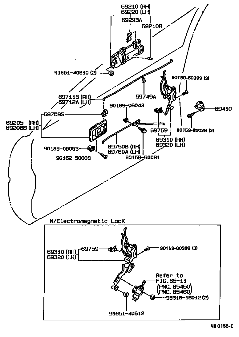 Toyota COROLLA 前门锁和车门把手 EPC diagram — NB0155E