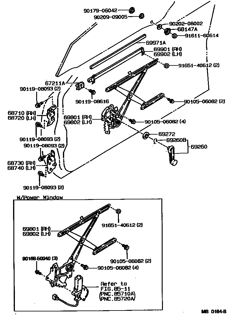 Toyota COROLLA 前门车窗升降器和合页 EPC diagram — NB0164B