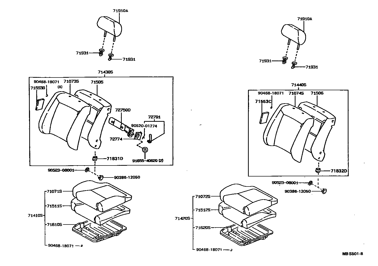 Toyota COROLLA 前排座椅和座椅滑轨 EPC diagram — MBS501B