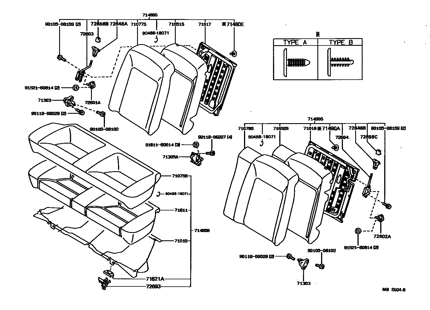Toyota COROLLA 后排座椅和座椅滑轨 EPC diagram — MBS504B