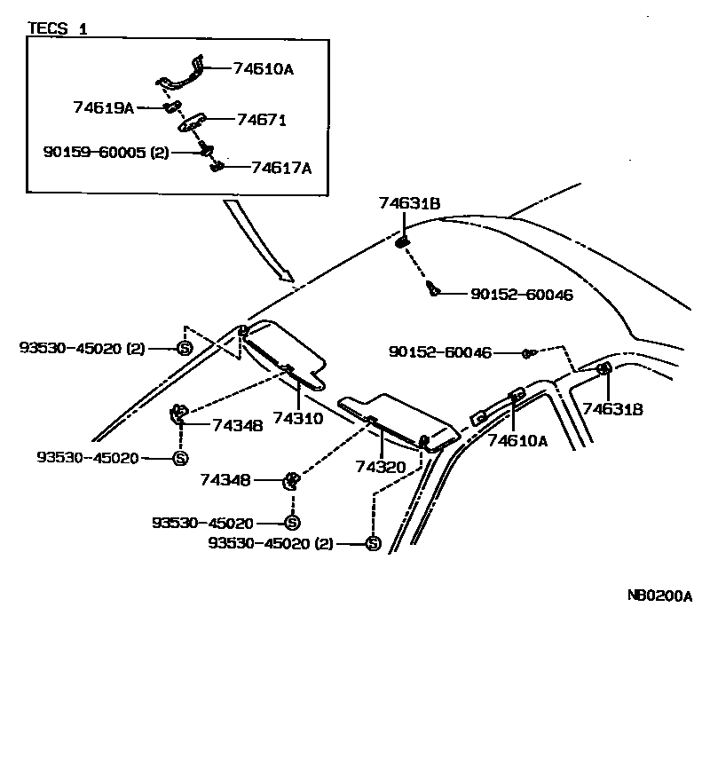 Toyota COROLLA 扶手和遮阳板 EPC diagram — NB0200A