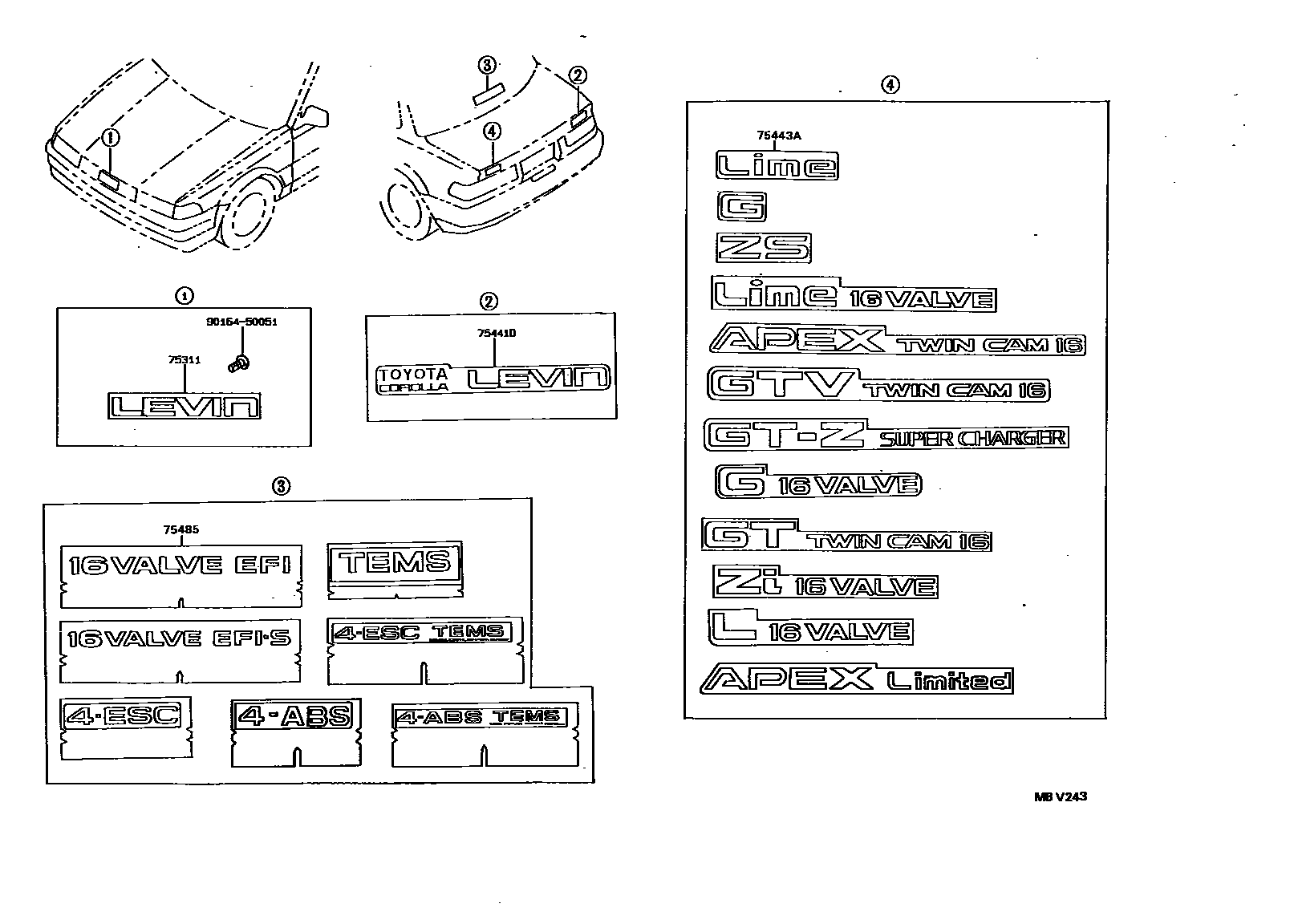 Toyota COROLLA 丰田徽标和铭牌(车外和车内) EPC diagram — MBV243