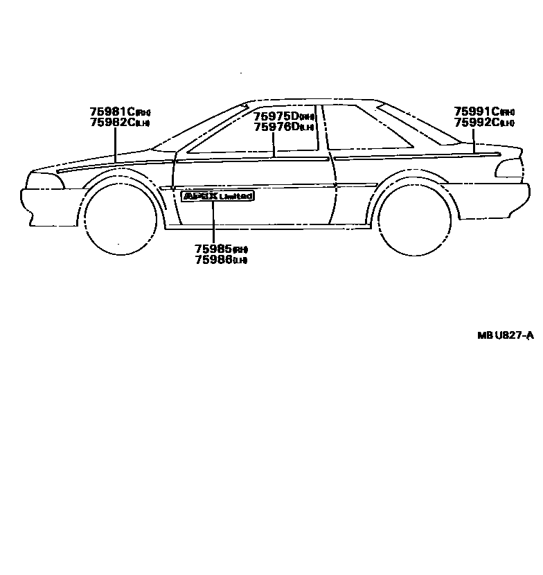 Toyota COROLLA 车身镶条 EPC diagram — MBU827A