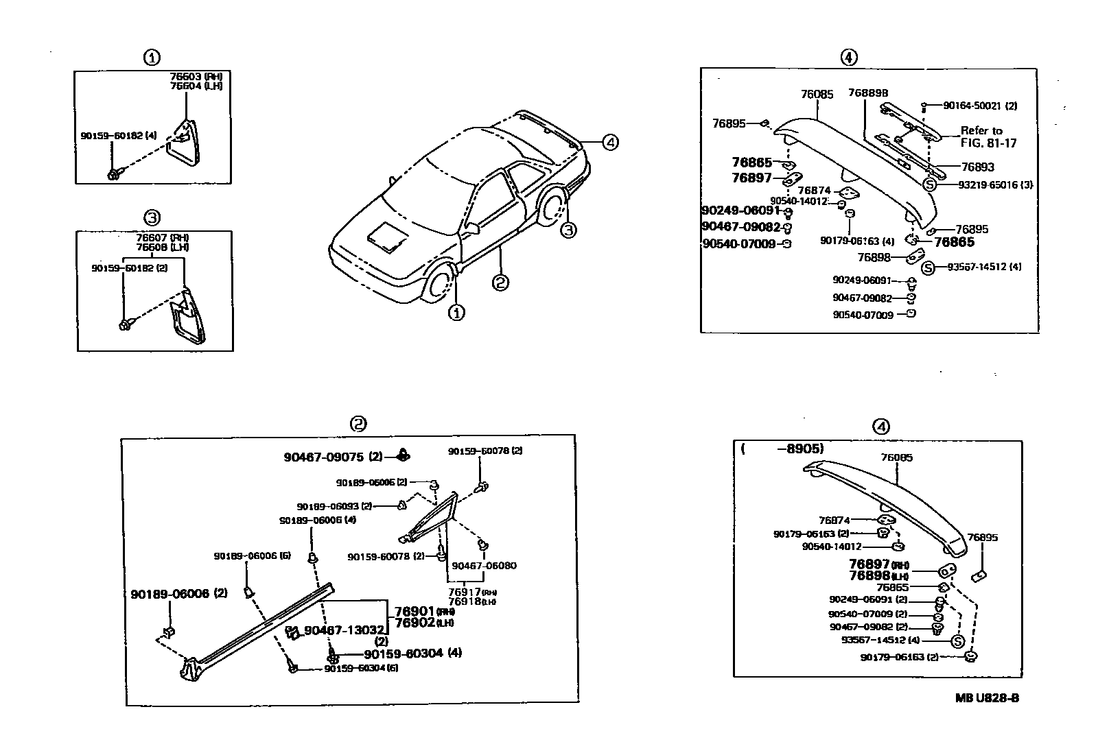 Toyota COROLLA 挡泥板和扰流板 EPC diagram — MBU828B