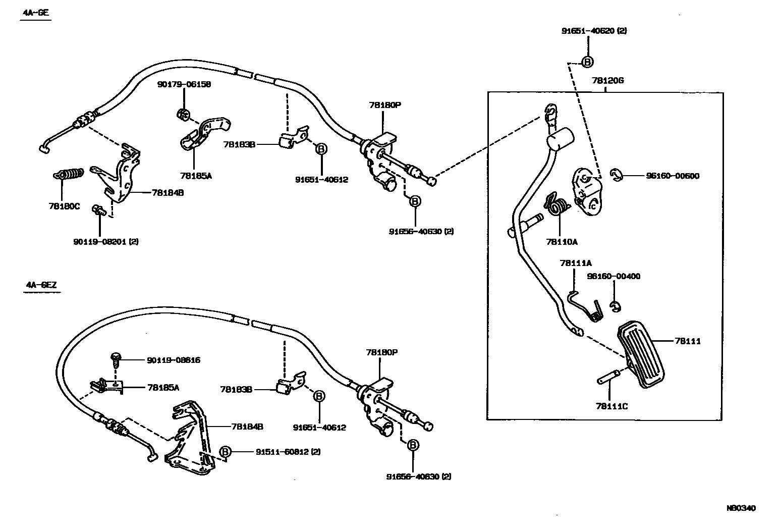 Toyota COROLLA accelerator pedal connecting rod EPC diagram — NB0340