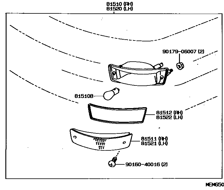 Toyota COROLLA 前转向灯 EPC diagram — MEM650