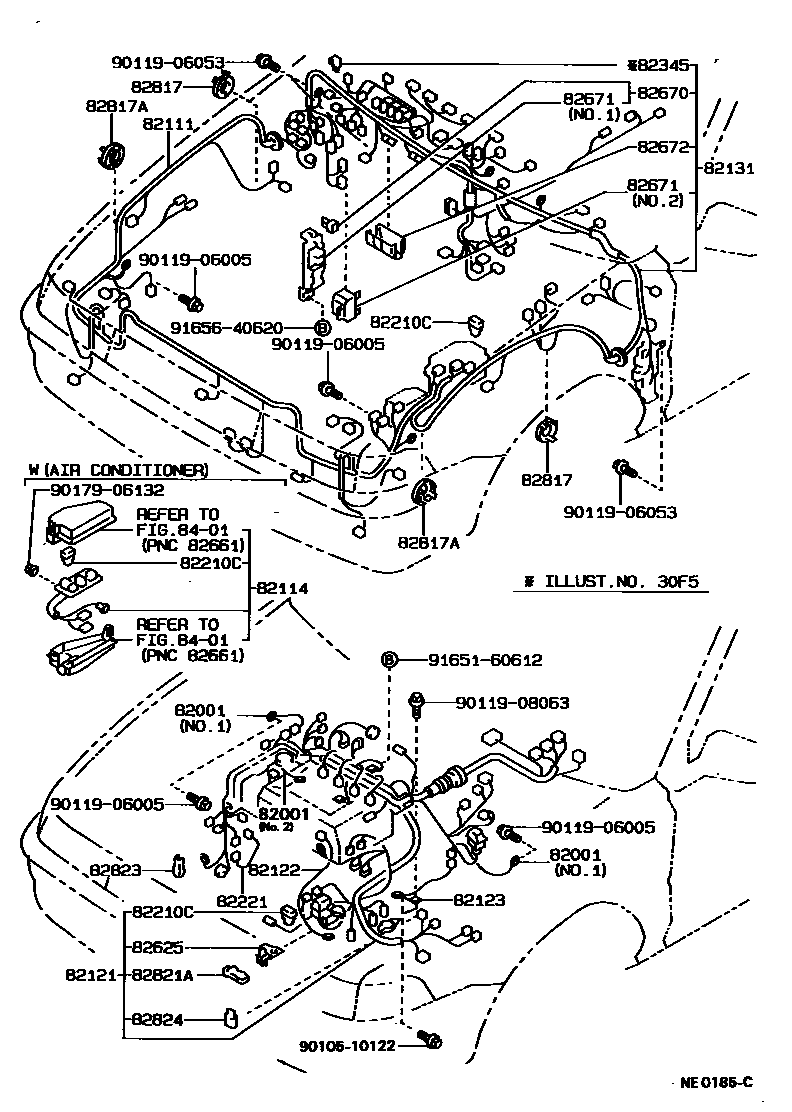 Toyota COROLLA 线束和卡夹 EPC diagram — NE0185C