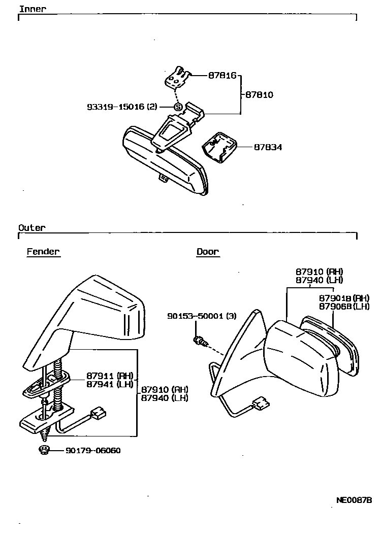 Toyota COROLLA 后视镜 EPC diagram — NE0087B