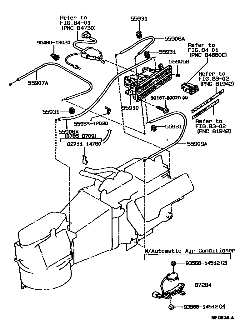 Toyota COROLLA 暖风和空调系统 - 控制器和风管 EPC diagram — NE0874A
