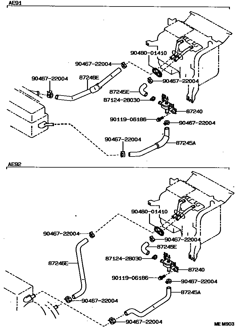 Toyota COROLLA 暖风和空调系统 - 水管 EPC diagram — MEM903