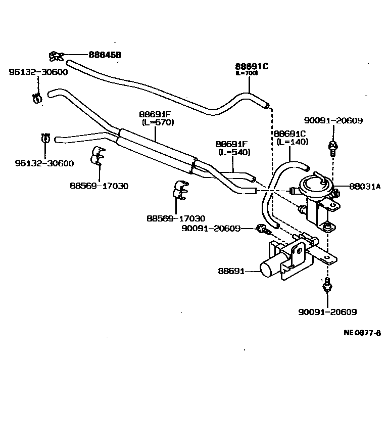 Toyota COROLLA 暖风和空调系统 - 真空管 EPC diagram — NE0877B