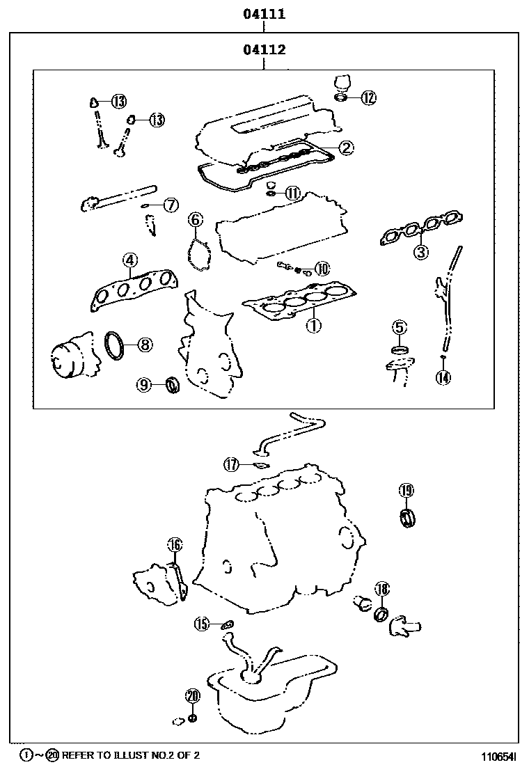 Toyota COROLLA Engine Overhaul Gasket Kit EPC diagram — 110654I