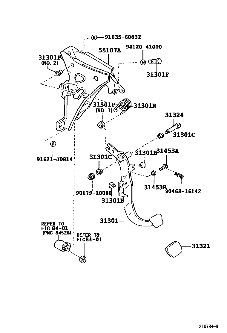 Toyota COROLLA 离合器踏板和挠性软管 EPC diagram — 310784B