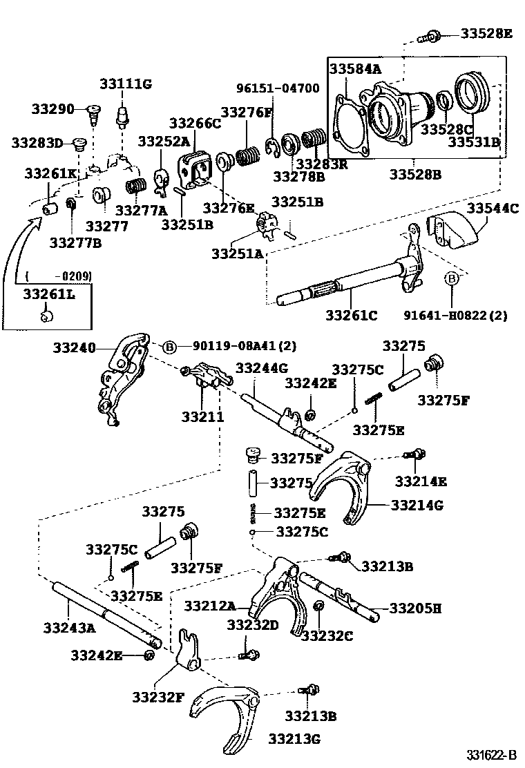 Toyota COROLLA 换档拨叉和换档杆轴(MTM) EPC diagram — 331622B