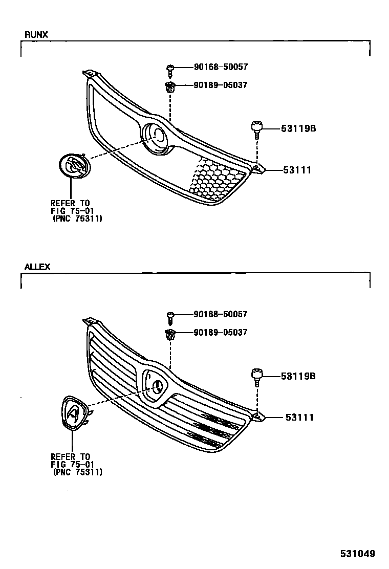 Toyota COROLLA radiator grille EPC diagram — 531049