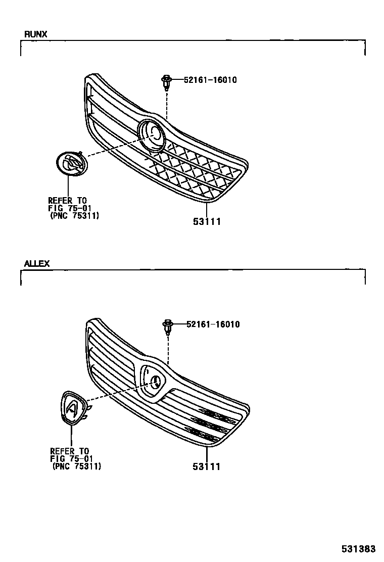 Toyota COROLLA radiator grille EPC diagram — 531383