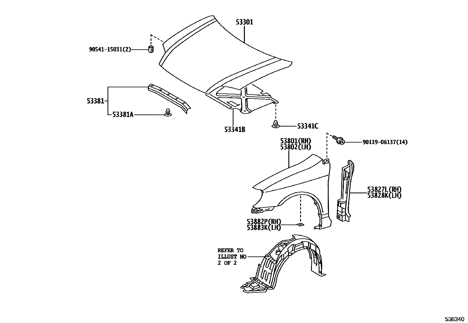 Toyota COROLLA 发动机盖和前翼子板 EPC diagram — 536340