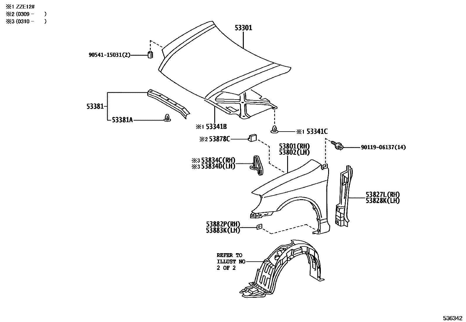 Toyota COROLLA 发动机盖和前翼子板 EPC diagram — 536342