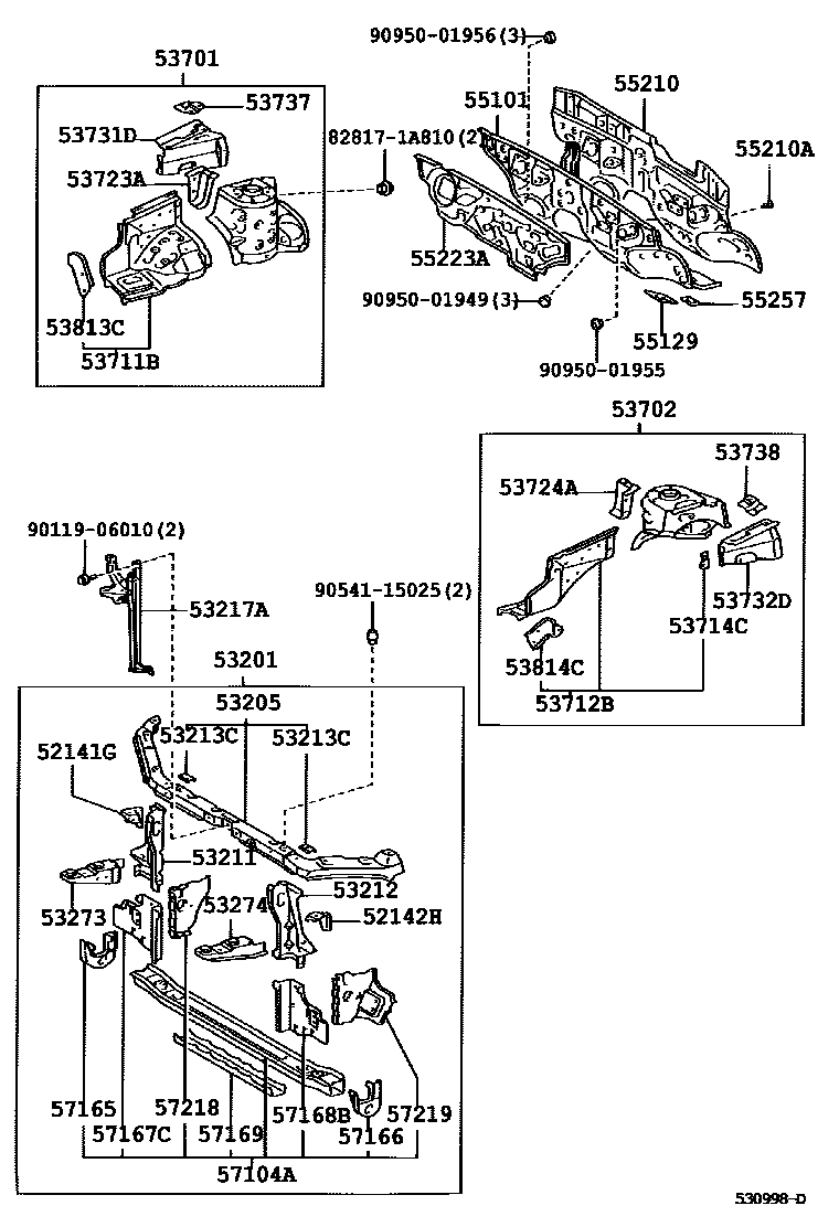 Toyota COROLLA 前翼子板挡泥板和前围板 EPC diagram — 530998D