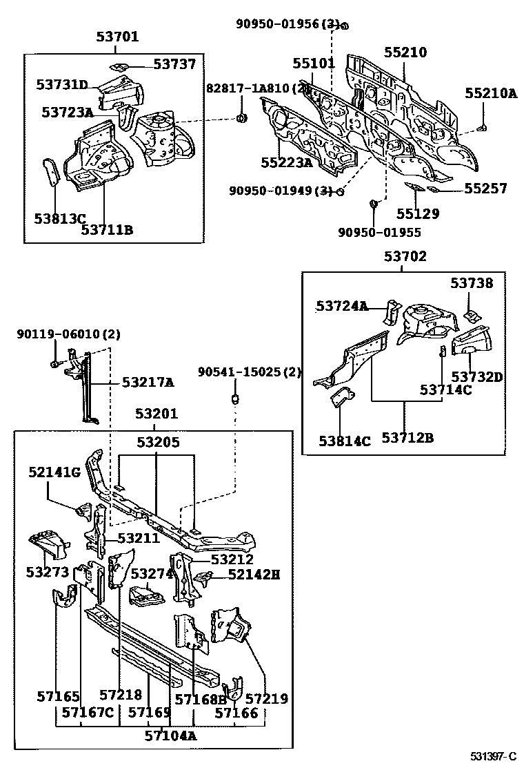 Toyota COROLLA 前翼子板挡泥板和前围板 EPC diagram — 531397C