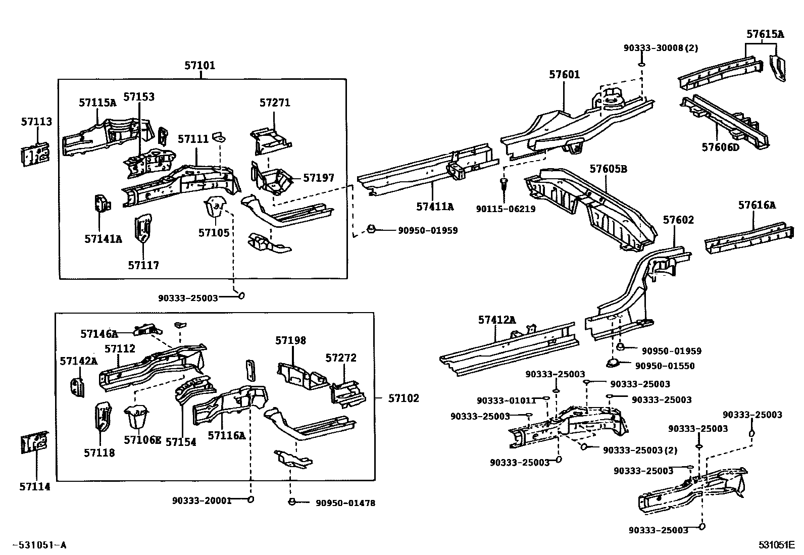 Toyota COROLLA Floor stringers EPC diagram — 531051E