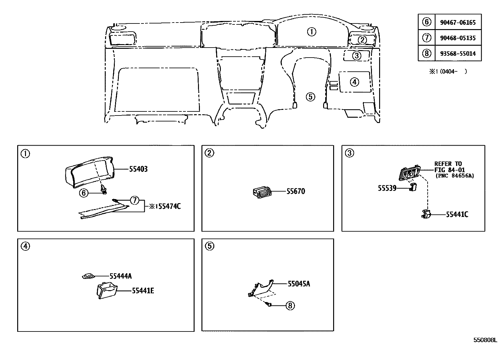Toyota COROLLA 仪表板和手套箱 EPC diagram — 550808L