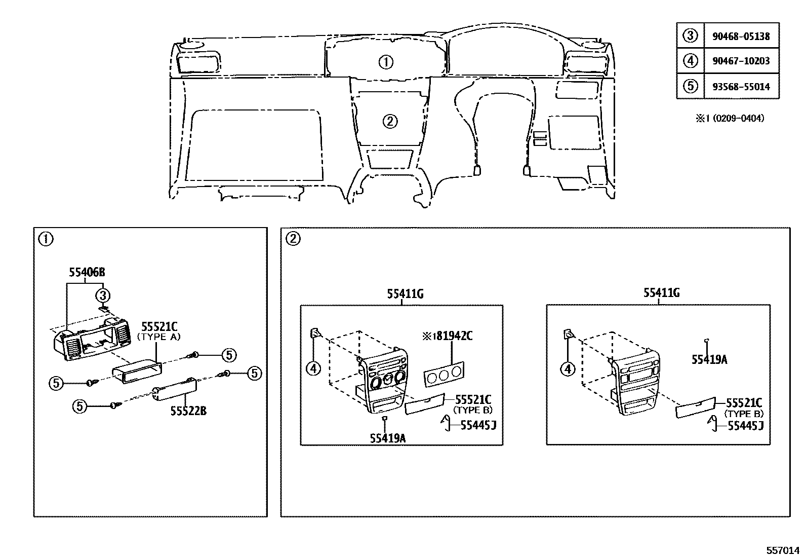 Toyota COROLLA 仪表板和手套箱 EPC diagram — 557014