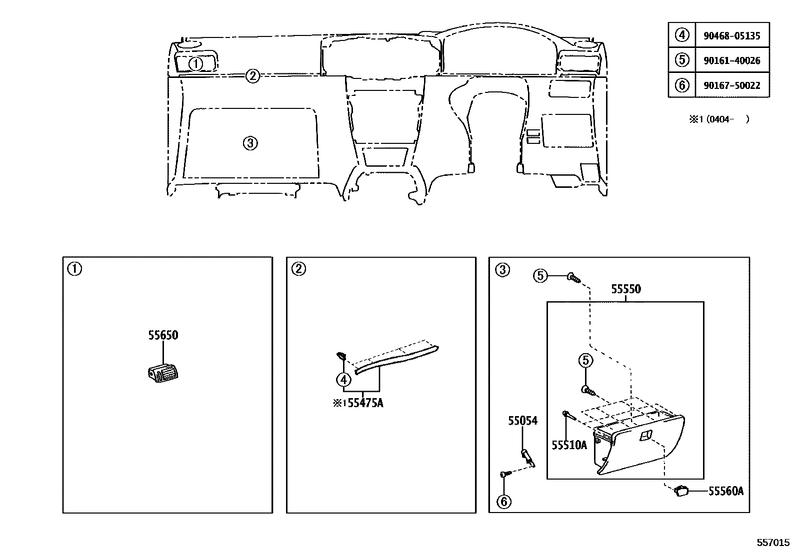 Toyota COROLLA 仪表板和手套箱 EPC diagram — 557015
