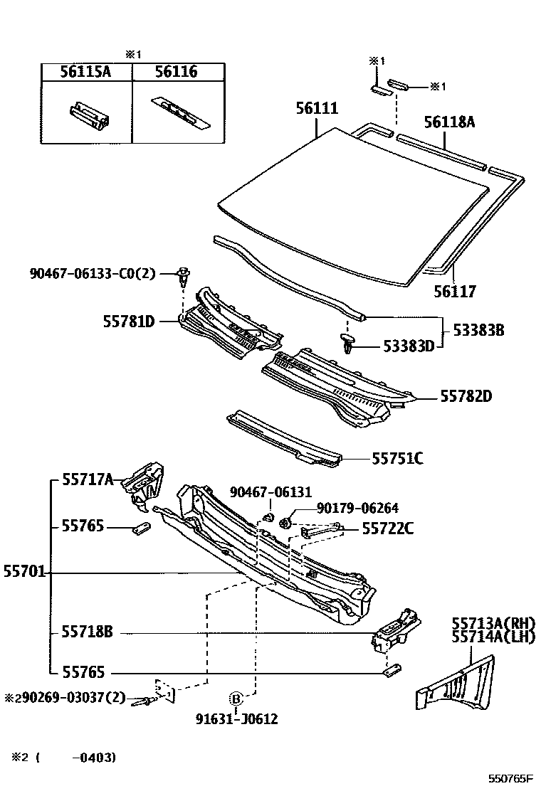 Toyota COROLLA 前围板和挡风玻璃 EPC diagram — 550765F