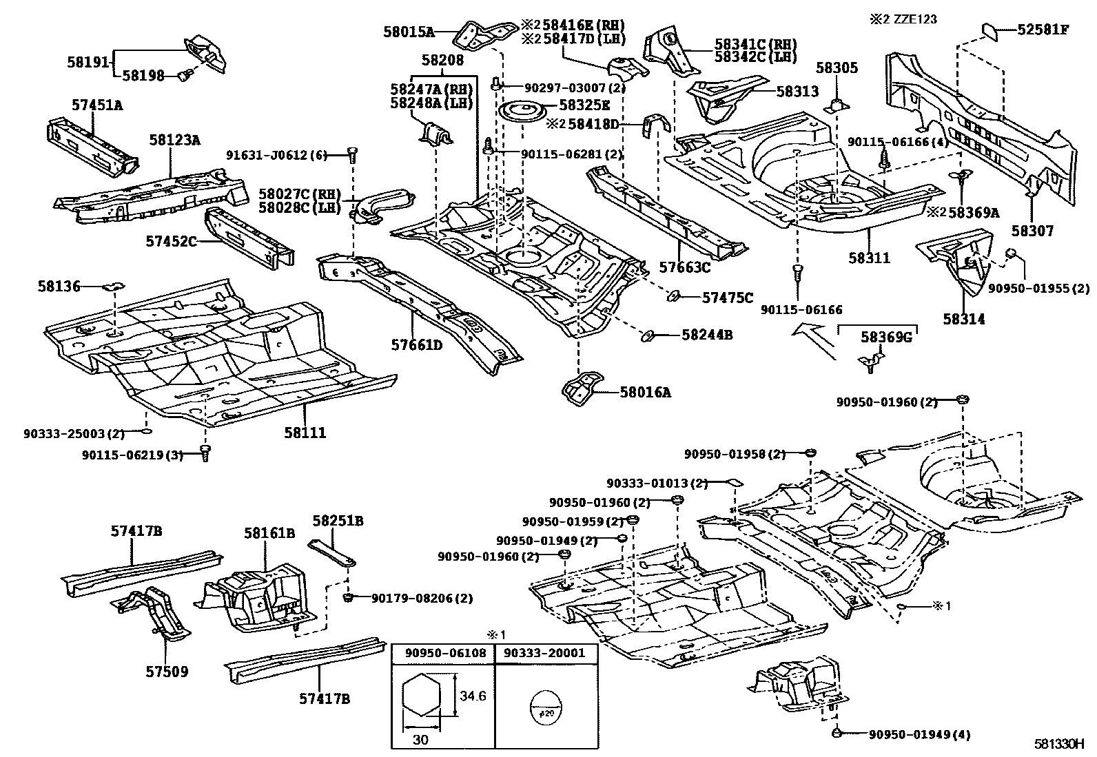Toyota COROLLA 浅盘形地板和车身下背板 EPC diagram — 581330H