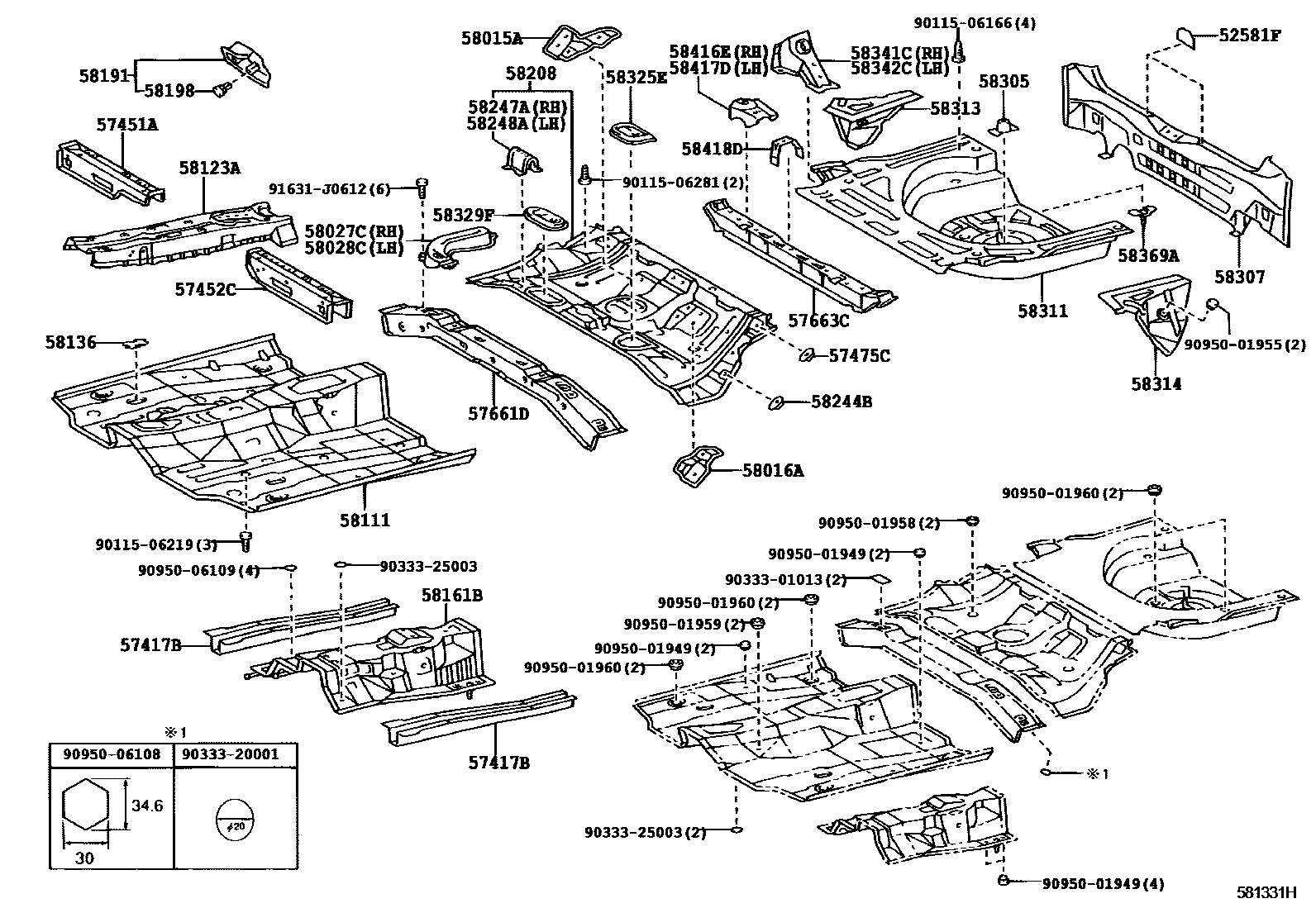 Toyota COROLLA 浅盘形地板和车身下背板 EPC diagram — 581331H