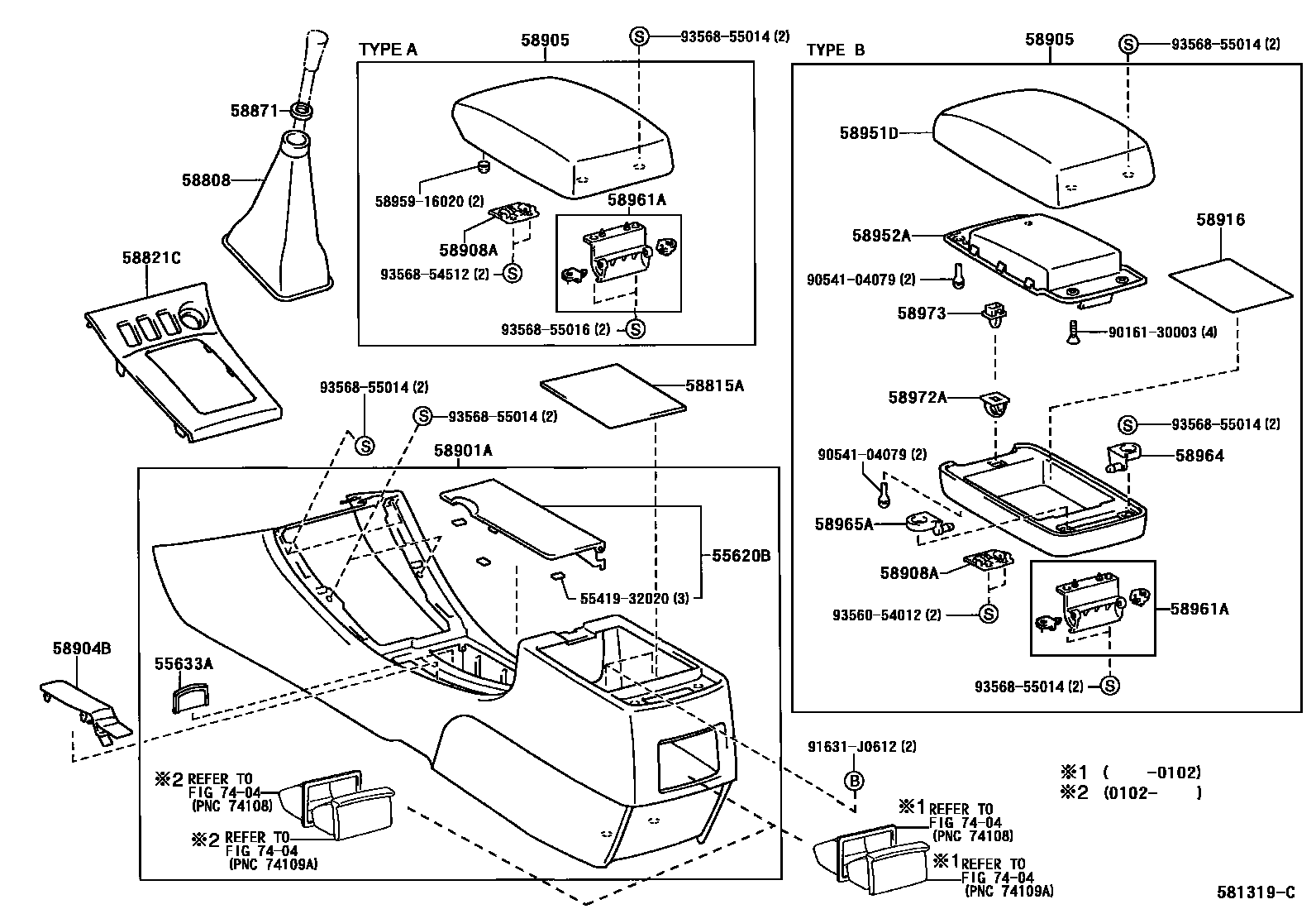 Toyota COROLLA 中央扶手箱和支架 EPC diagram — 581319C