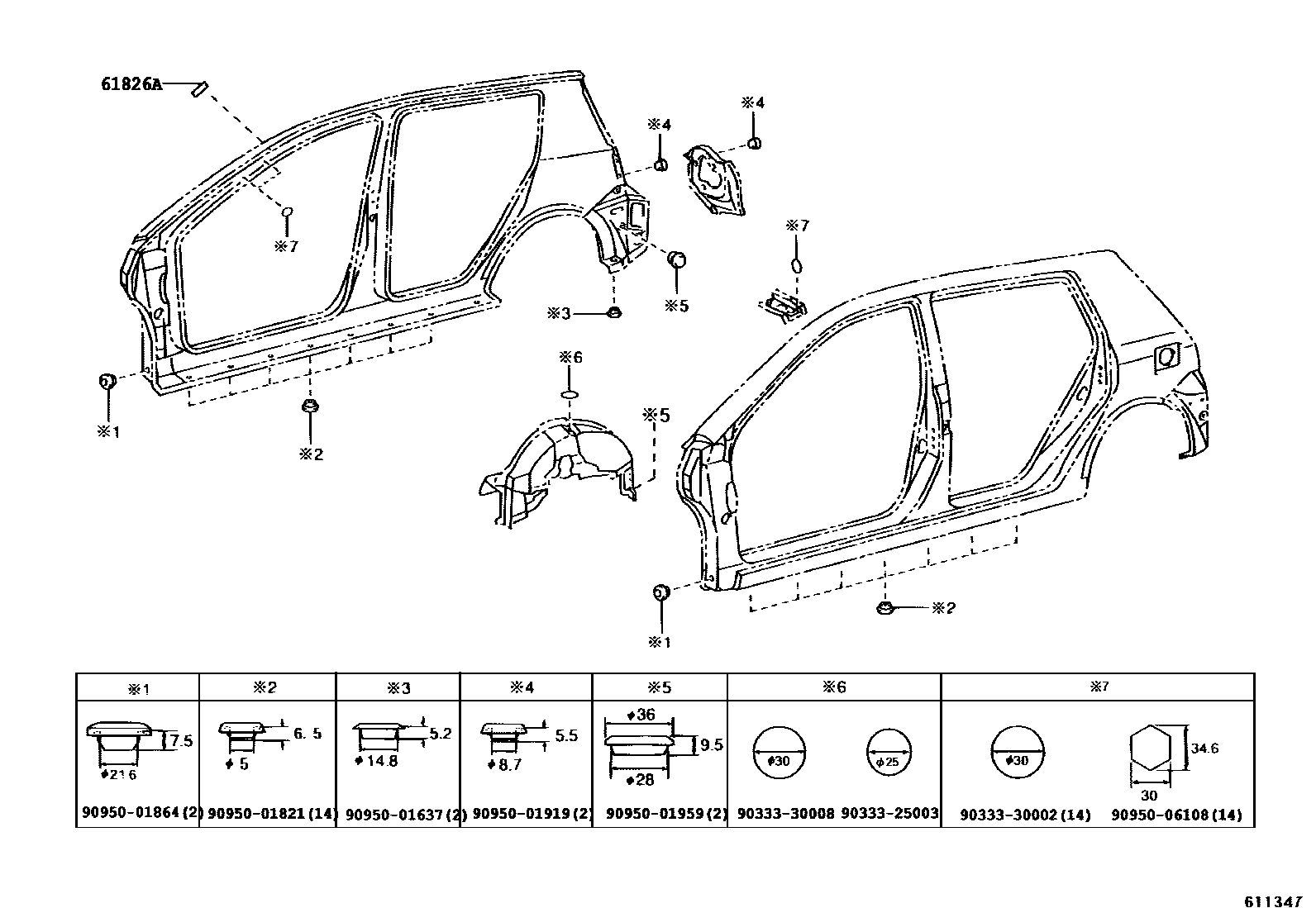 Toyota COROLLA 侧梁 EPC diagram — 611347J