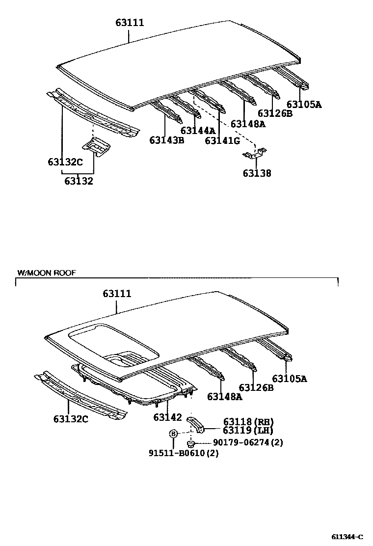 Toyota COROLLA 天窗板和背窗玻璃 EPC diagram — 611344C
