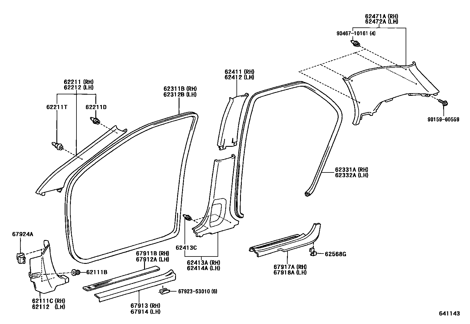 Toyota COROLLA 内饰板和车门防水胶条 EPC diagram — 641143