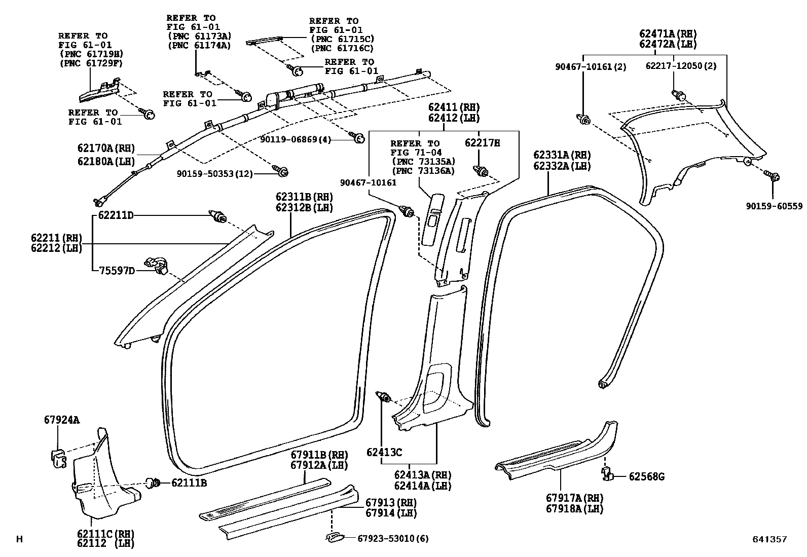 Toyota COROLLA 内饰板和车门防水胶条 EPC diagram — 641357