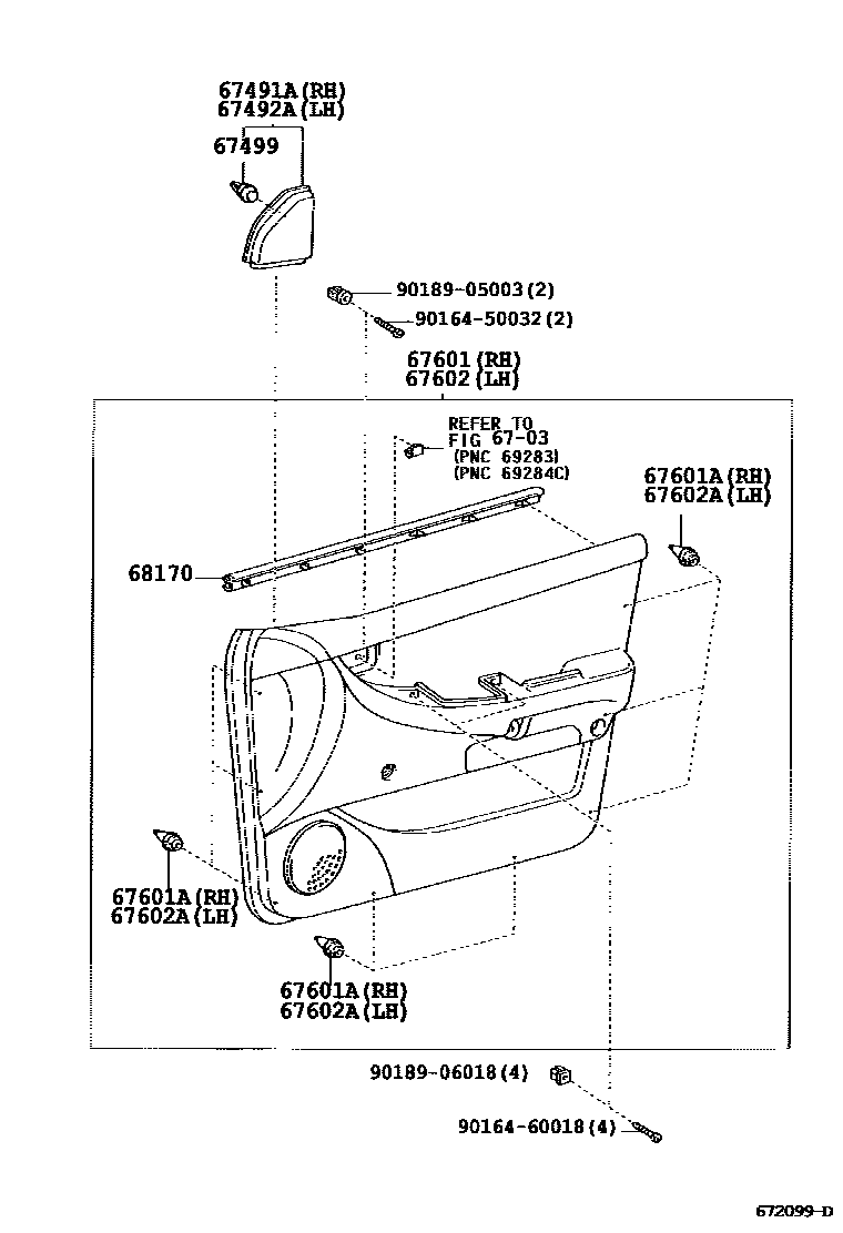 Toyota COROLLA 前门板和前门玻璃 EPC diagram — 672099D