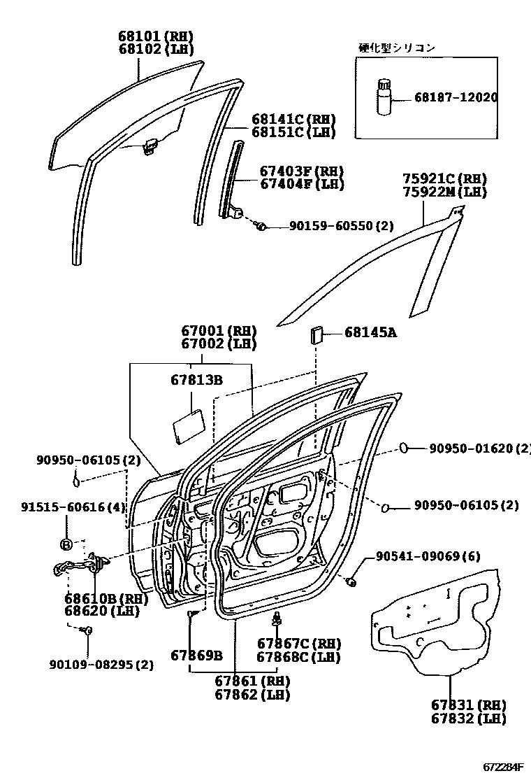 Toyota COROLLA 前门板和前门玻璃 EPC diagram — 672284F