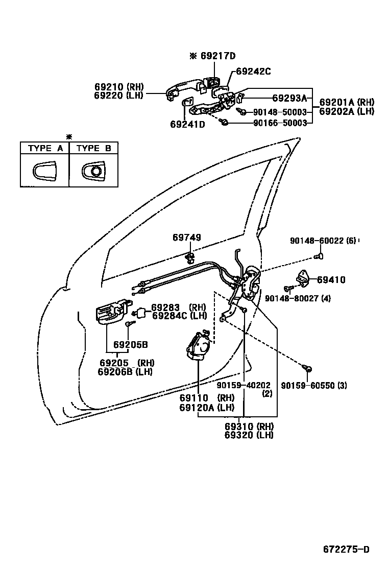 Toyota COROLLA 前门锁和车门把手 EPC diagram — 672275D