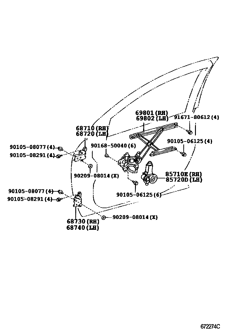 Toyota COROLLA 前门车窗升降器和合页 EPC diagram — 672274C
