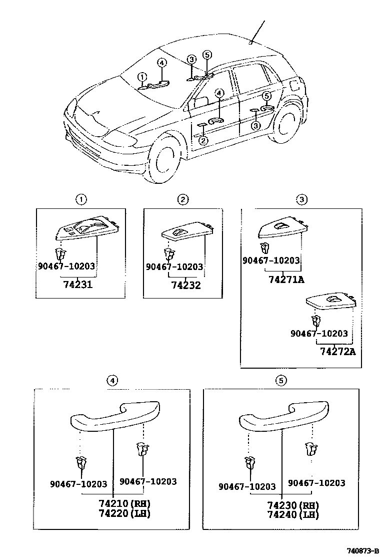 Toyota COROLLA 扶手和遮阳板 EPC diagram — 740873B