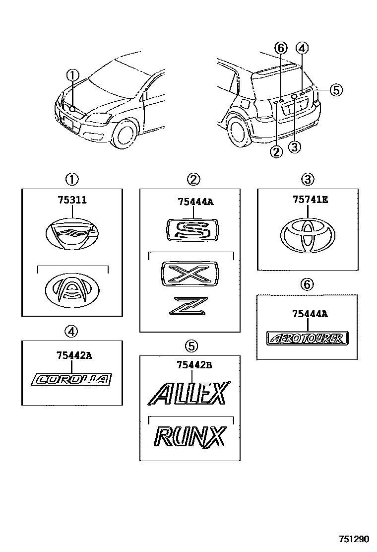 Toyota COROLLA 丰田徽标和铭牌(车外和车内) EPC diagram — 751290