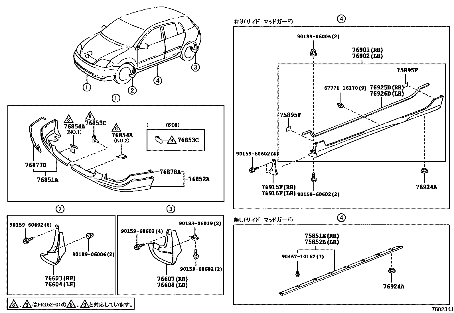 Toyota COROLLA 挡泥板和扰流板 EPC diagram — 760231J