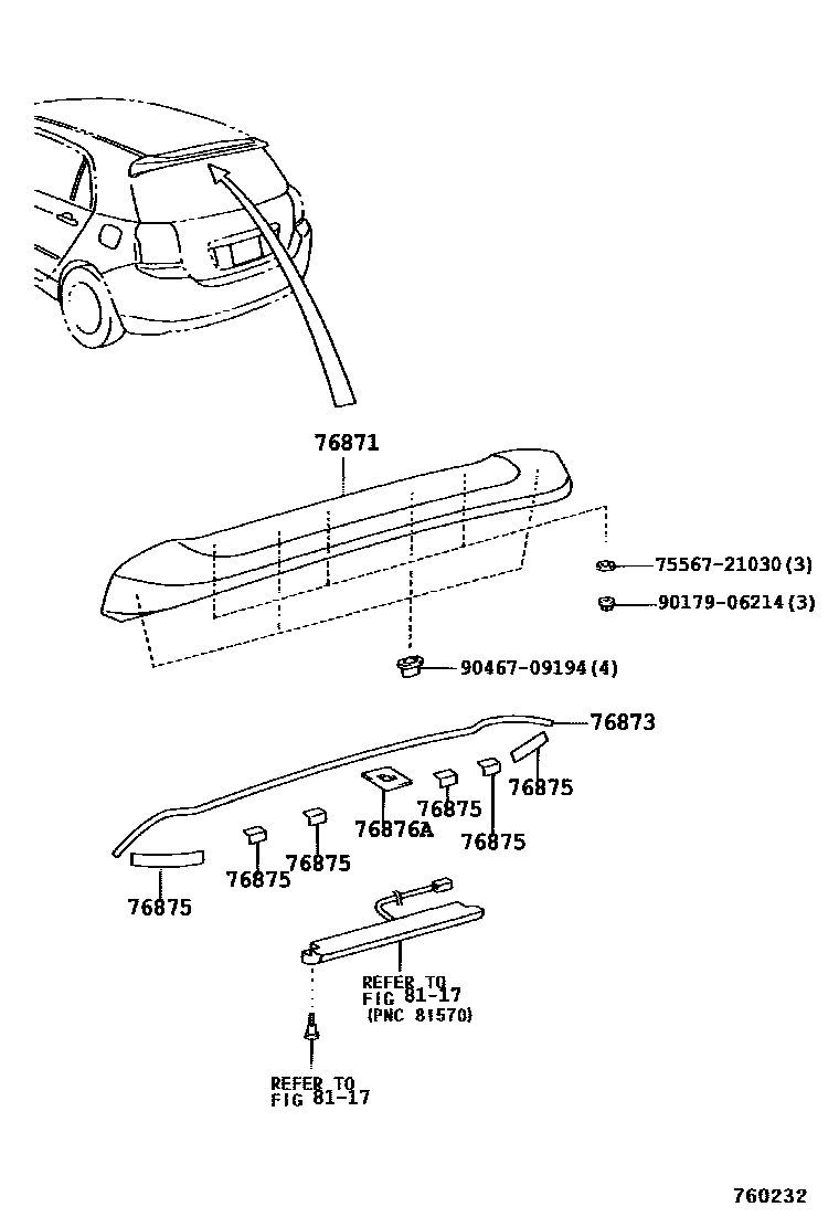 Toyota COROLLA 挡泥板和扰流板 EPC diagram — 760232