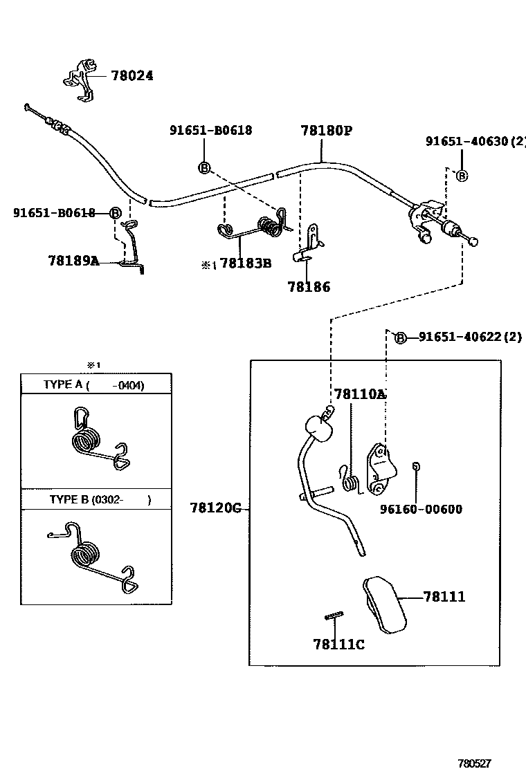 Toyota COROLLA accelerator pedal connecting rod EPC diagram — 780527D