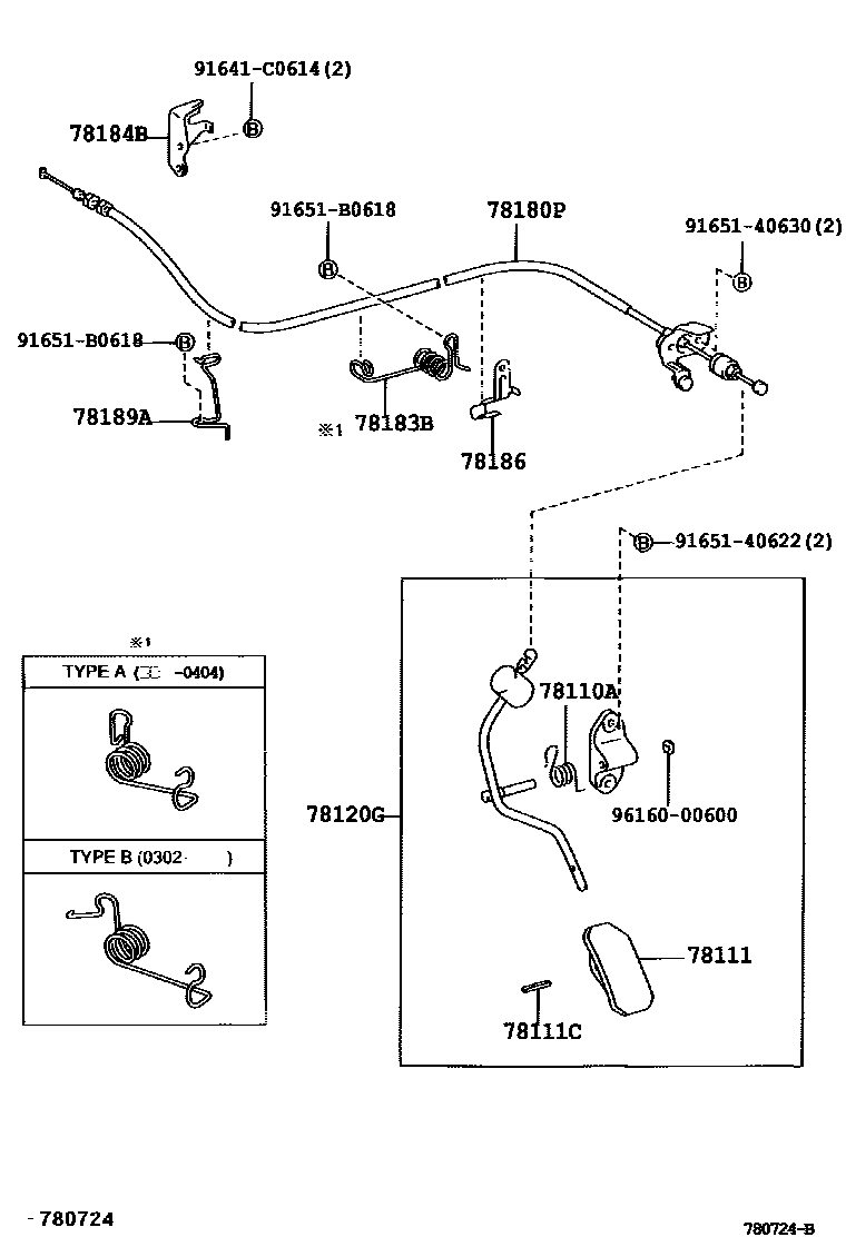 Toyota COROLLA accelerator pedal connecting rod EPC diagram — 780724B