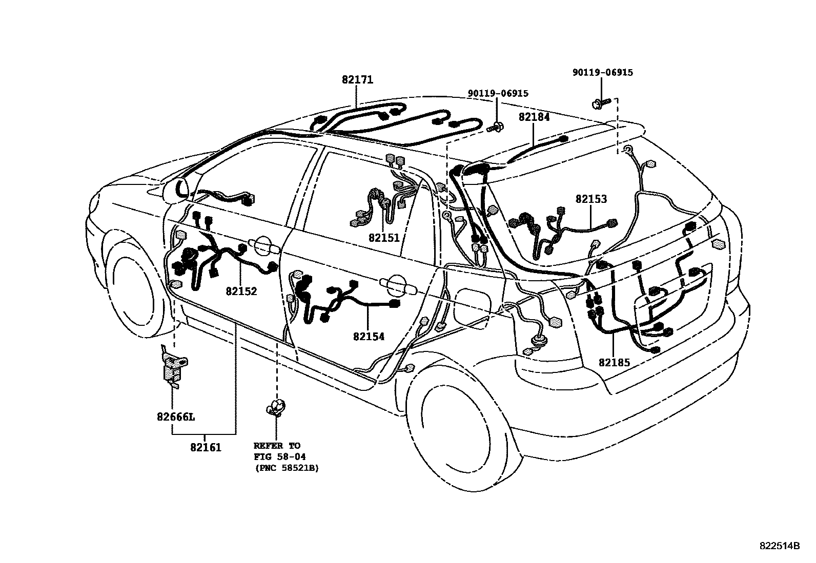 Toyota COROLLA 线束和卡夹 EPC diagram — 822514B