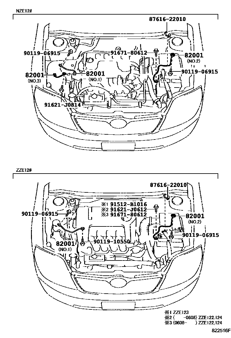 Toyota COROLLA 线束和卡夹 EPC diagram — 822516F