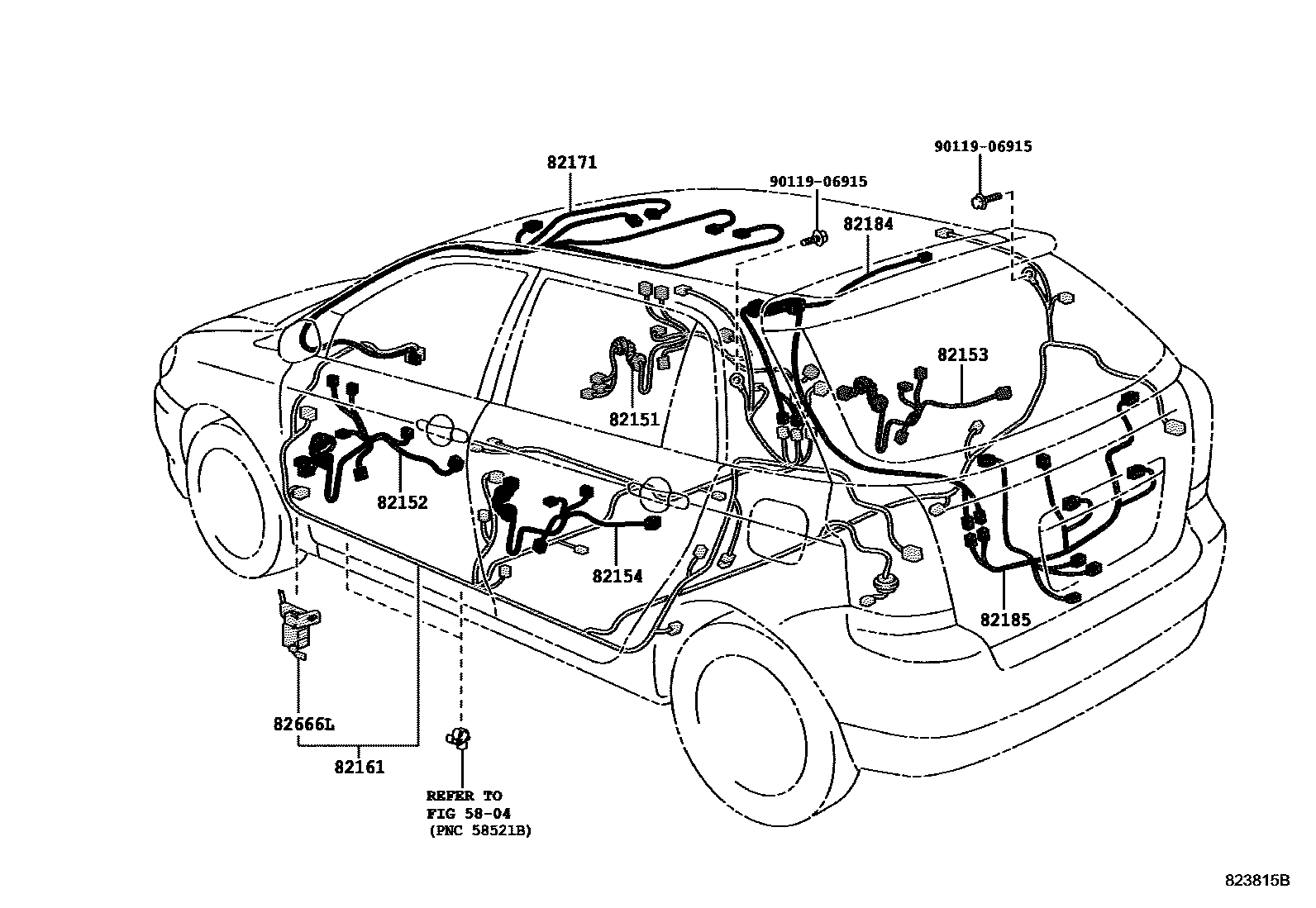 Toyota COROLLA 线束和卡夹 EPC diagram — 823815B
